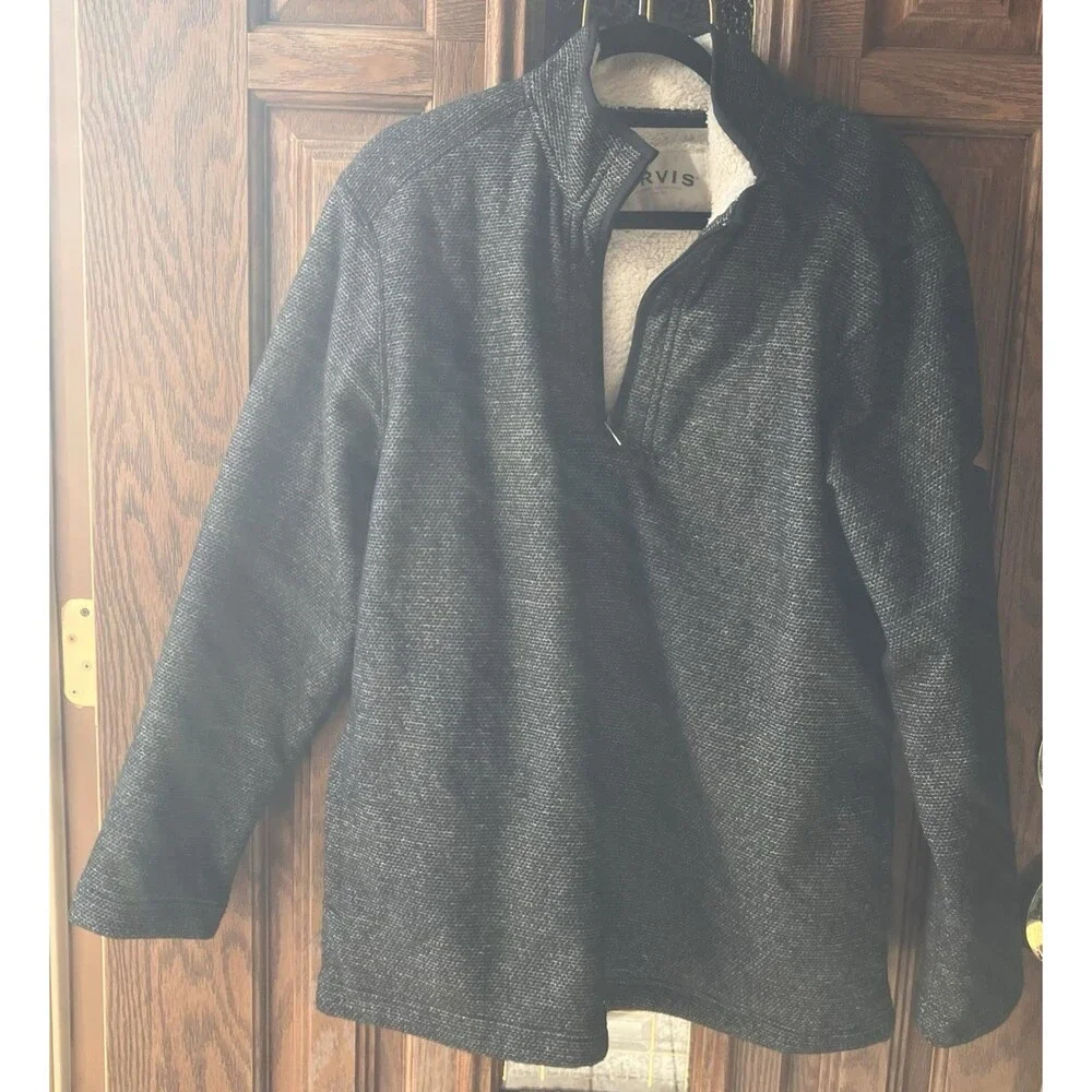 ORVIS Sherpa Lined Fleece 1/4 Zip Pullover Sweater Black & White Men's XL Tweed - Picture 1 of 13